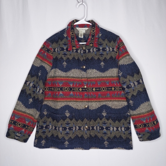 90s David Brooks Aztec Multicolor Wool Blend Jacket Women Large Button Collar - Picture 2 of 8
